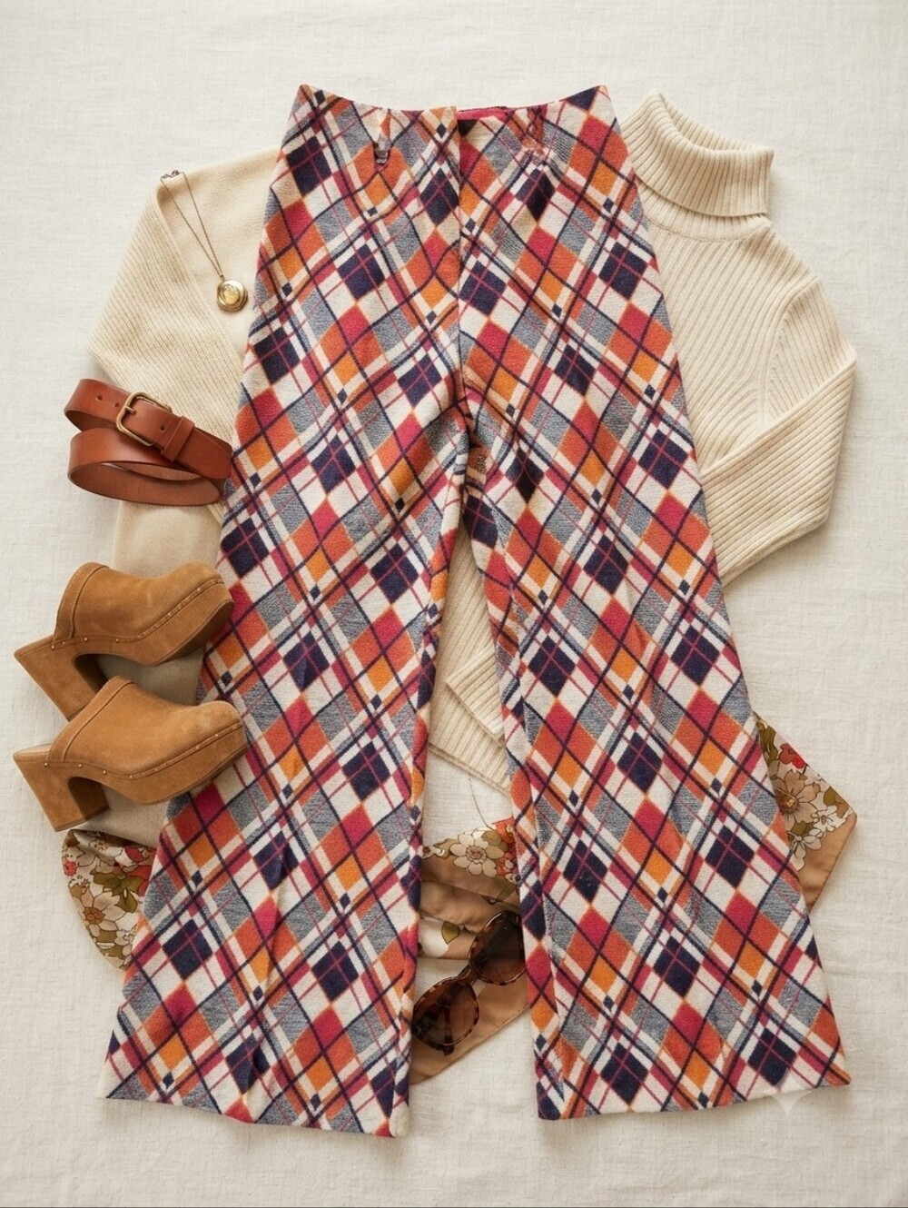 Vintage 70s Joseph Magnin Plaid Flare High Waist Mod Tartan Trousers